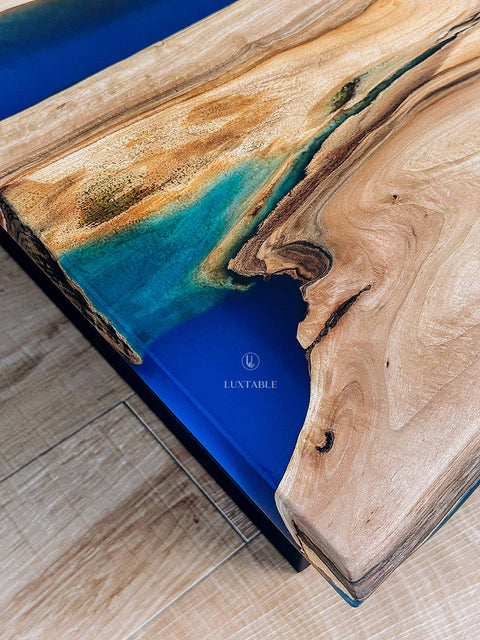 Walnut wood coffee table with blue-green epoxy, custom size Ocean Breeze