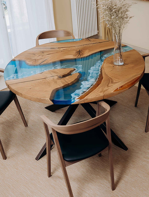Round resin table in solid oak wood, custom size Amaranta